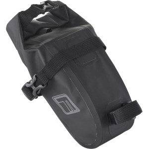 Borsa da sella Fischer M nera impermeabile per biciclette con chiusura a rullo e cinghie di fissaggio.