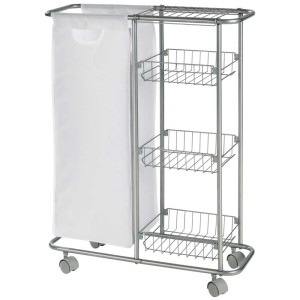 Chariot de collecte Wenko Slim, chariot de service gris et blanc avec 3 étagères et sac à linge sur roulettes.