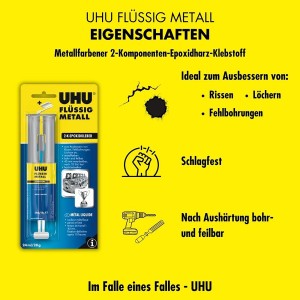 UHU FLÜSSIG METALL siringa a doppia camera 28g, adesivo epossidico bicomponente.