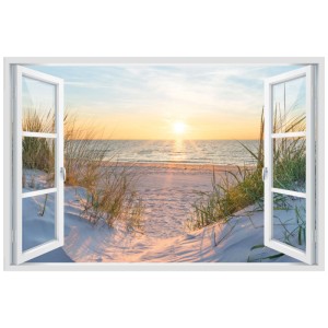 Maxiposter Golden Hour Landscape: Sonnenaufgang am Strand, gesehen durch ein offenes Fenster.