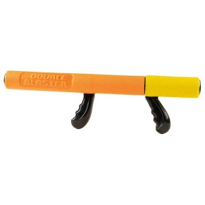 Pistolet à eau Happy People Double Blaster, orange/jaune, avec deux canons et poignées noires.