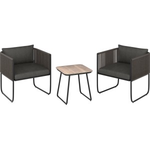 Set lounge Fullerton 3 pezzi in wicker e acciaio grigio antracite con tavolo e 2 poltrone.