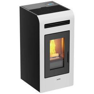 Poêle à granulés Ecofox 14C, blanc, 13,2 kW. Poêle canalisable avec flamme dans la chambre de combustion.