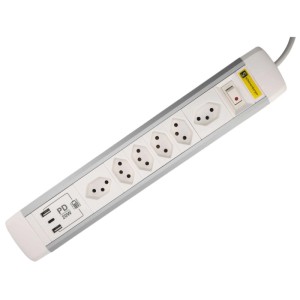 Multiprise Schönenberger en aluminium avec 6 prises T13, ports USB et câble de 2 m.