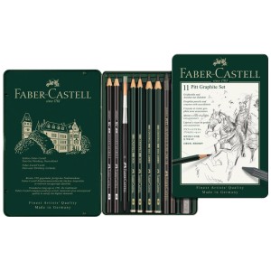 Faber-Castell Grafitstift-Set, 11-teilig im Metalletui, inklusive Stifte, Kreiden, Radierer und Pinsel.