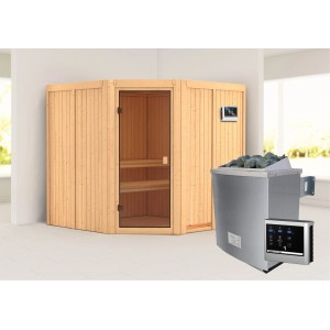 Sauna Karibu Kotka con stufa e porta in vetro bronzato. Sauna in legno massello per ore di relax.