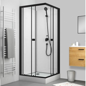 Cabine de douche complète Aurlane Essential 80x80 avec cadre noir, douchette et parois en verre blanc.
