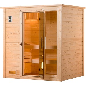Sauna en bois massif Weka Bergen avec porte en verre, épicéa, deux banquettes. Sauna sans poêle.