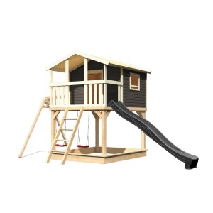 Karibu Maison sur pilotis Benjamin avec toboggan et balançoire double, gris naturel, pour que les enfants jouent dans le jardin.