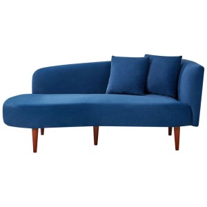 Chaise longue Beliani Chaumont en velours bleu marine avec deux coussins et pieds en bois.