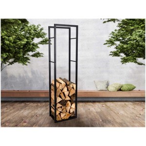 Range-bûches noir Billie (170x30x44,5 cm) en acier thermolaqué, rempli de bûches.