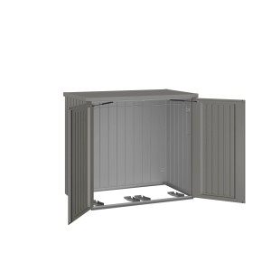 Box poubelle Biohort Alex Duo ouvert en gris quartz métallisé pour deux poubelles.