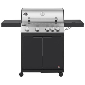 Barbecue à gaz Jamestown Kane 4 brûleurs avec capot en inox et tablettes latérales.