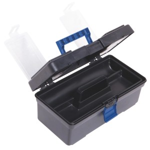 Boîte à outils LUX ouverte (31,5 cm) avec organiseur dans le couvercle et plateau à outils amovible.