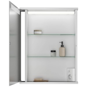 Armoire de toilette ouverte Jokey Cento 50 aspect alu avec éclairage intérieur et étagères en verre.