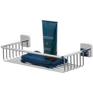 Panier de douche Tiger Onu en acier inoxydable avec finition chromée, incluant serviette et gel douche.