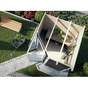 Casetta da giardino in legno Weka Angolo A, tetto piatto, antracite, 209x205cm, design a 5 angoli, con attrezzi da giardino.