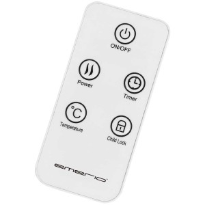 Telecomando per termoconvettore Emerio, bianco, con pulsanti per alimentazione, timer, temperatura e blocco bambini.