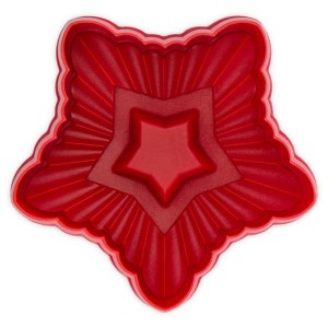 Roter, gewellter Stern-Ausstecher aus Kunststoff für Linzer Plätzchen. Doppelseitige Backform, 6,5 cm.