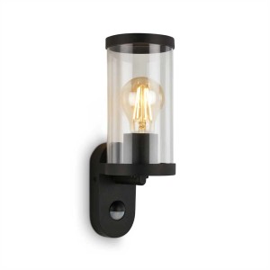 Applique d'extérieur noire Brilo Kairo Move avec détecteur de mouvement et verre cylindrique transparent.