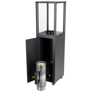 Nouvel Pellet-Heizstrahler Bonita, schwarz, mit Sichtfenster und Pellets für Terrasse & Balkon.