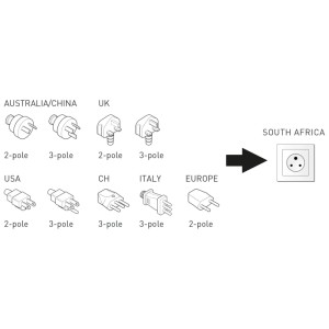 Illustration: Weltadapter für Südafrika, kompatibel mit versch. Steckertypen (Australien, UK, USA, CH, Italien, Europa).