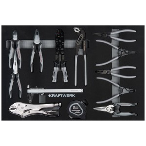 Ensemble d'outils dans le chariot d'atelier Kraftwerk : pinces, clés, outils de mesure, etc.