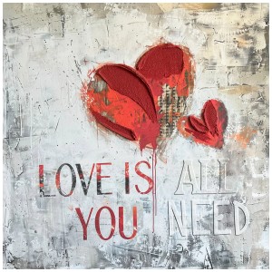 Quadro su tela dipinto a mano "Love is" 50x50cm con cuori rossi e scritte.