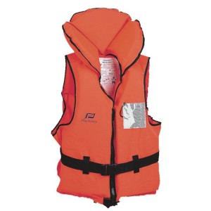 Giubbotto di salvataggio arancione segnaletico taglia L (70-90 kg) con zip, cinturino pettorale e inguinale per sicurezza in barca.
