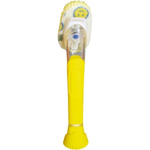 Spazzola per piatti Dish Daddy gialla con spugna, dispenser sapone e base.