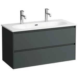 Set mobili bagno Laufen Lani 100 cm grigio con lavabo slim bianco, 2 rubinetti e 2 cassetti.