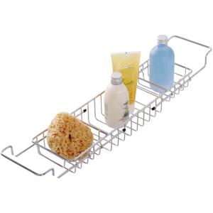 Wenko ponte da bagno estensibile, acciaio inox lucido, con accessori da bagno come spugna e bagnoschiuma.