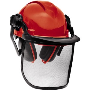 Casque forestier Einhell BG-SH 2 avec casque rouge, visière et protection auditive.