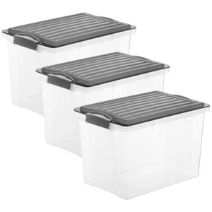 Lot de 3 boîtes de rangement Rotho Compact, 19 l, transparentes avec couvercles gris, empilables.