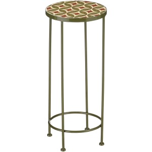 Support de fleurs Bologna en fer vert avec plateau rond à motifs verts et rouges. Table de jardin moderne.