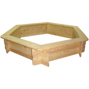 Cassa di sabbia esagonale Pletscher in larice naturale con sedili, Ø 174 cm.