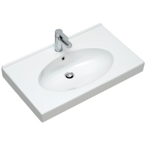 Lavabo in ceramica bianca Pelipal, 80 cm di larghezza, con rubinetto e vasca ovale.