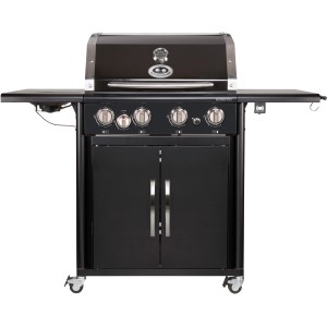 Barbecue a gas Outdoorchef Australia 425 G nero con ripiani laterali e armadietto.