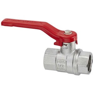 Valvola a sfera in ottone cromato, 1/2 pollice, con maniglia in plastica rossa.