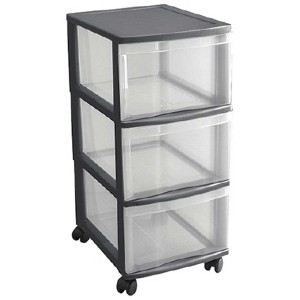Rotho Rollcontainer Optima Anthrazit mit 3 transparenten Schubladen und Rollen.