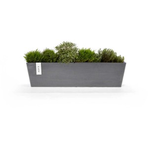 Jardinière Ecopots Brügge, grise, avec des plantes. Idéale pour balcon et jardin.