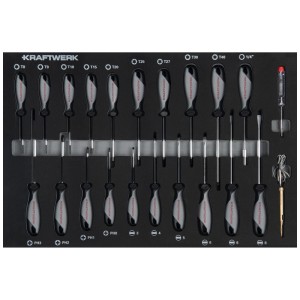 Kraftwerk Jeu de 22 tournevis avec fente, Phillips, Torx, testeur de tension et lampe témoin dans un plateau.