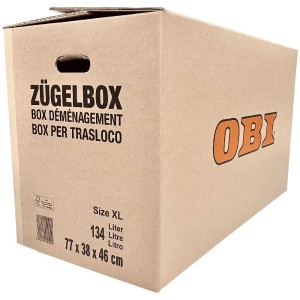 Scatola trasloco OBI XL, doppia onda, certificata FSC, 134 litri, con maniglie.