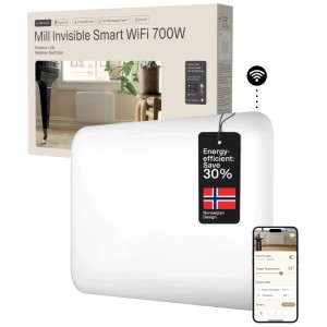 Termoconvettore Mill Invisible Smart Wifi 700W, bianco, con controllo app ed etichetta risparmio energetico.