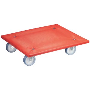 Chariot de transport rouge MM1397 avec surface antidérapante et quatre roues pour charges jusqu'à 400 kg.