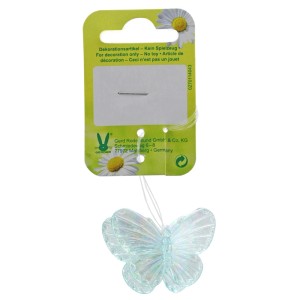 Decorazioni pasquali: Due farfalle in plastica verde menta, 11 cm, per decorazioni primaverili.