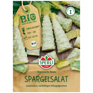 Sperli Graines de laitue asperge Keule chinoise Bio, paquet avec tiges de laitue et label bio.