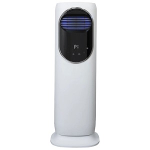 Weisser Kibernetik VH81 Turmventilator mit Heizfunktion. Modernes Design, schwarzes Display, blaue Elemente.