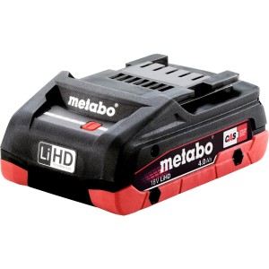 Batterie Metabo LiHD Air-Cooled 18 V/4 Ah pour outils électroportatifs, noir et rouge.