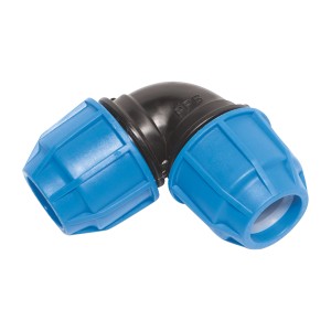 Raccordo a gomito a 90° per tubi PE da 25 mm, blu e nero, per sistemi di acqua fredda.